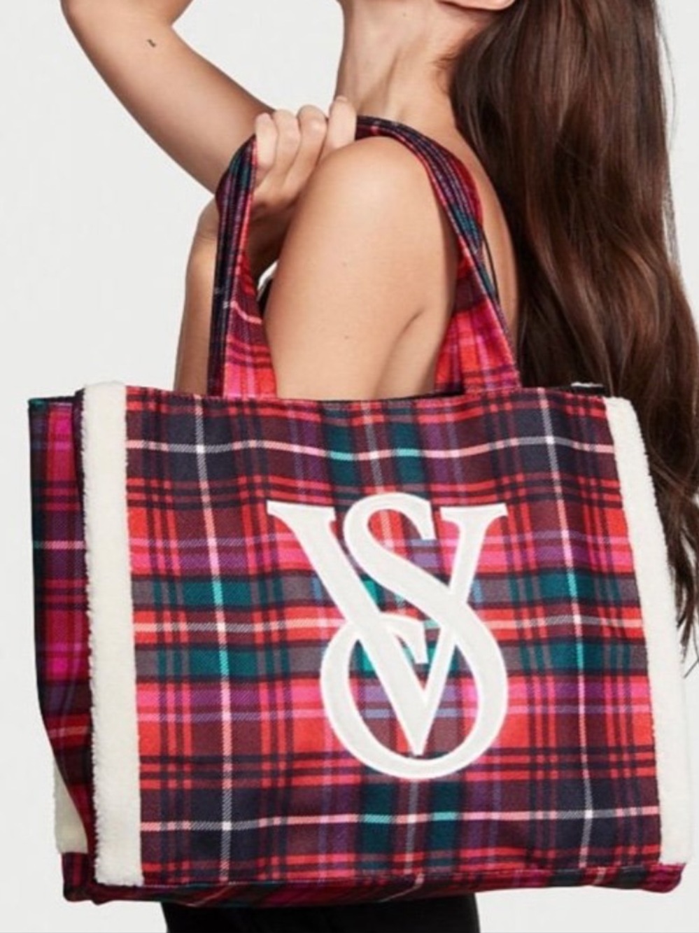 Victoria's Secret Red Multi Plaid Tote with White VS Logo
